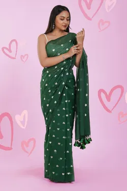 Green With White Heart Embroidered Soft Khadi Cotton Saree for Women, Party, Wedding, Bridal